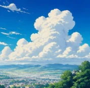 尔湾云机场品牌插画，晴空积云与小镇